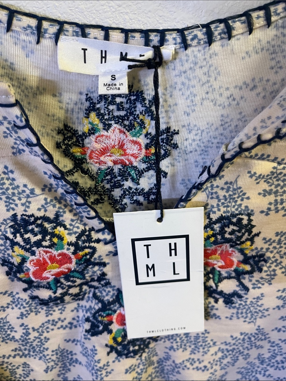 THML Beige Floral Cold-Shoulder Top with Navy and Pink Embroidery - Picture 2 of 5